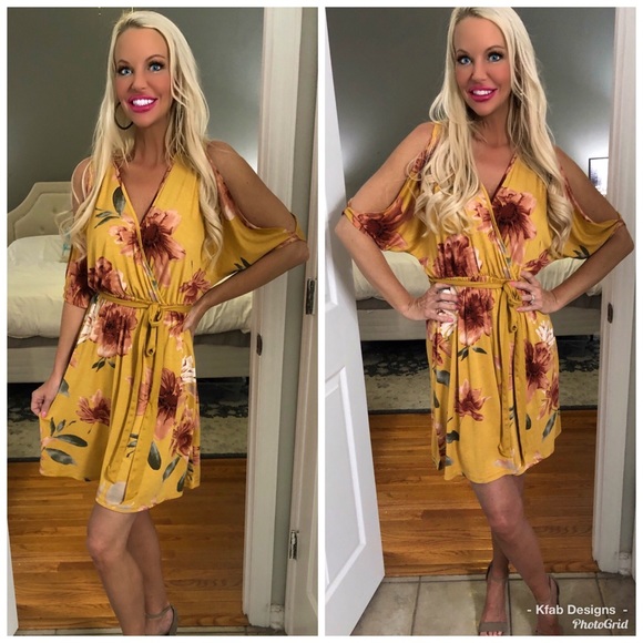 🥰LAST 1! Mustard Tie Dress w/Sleeve Cut Out! - Picture 3 of 4